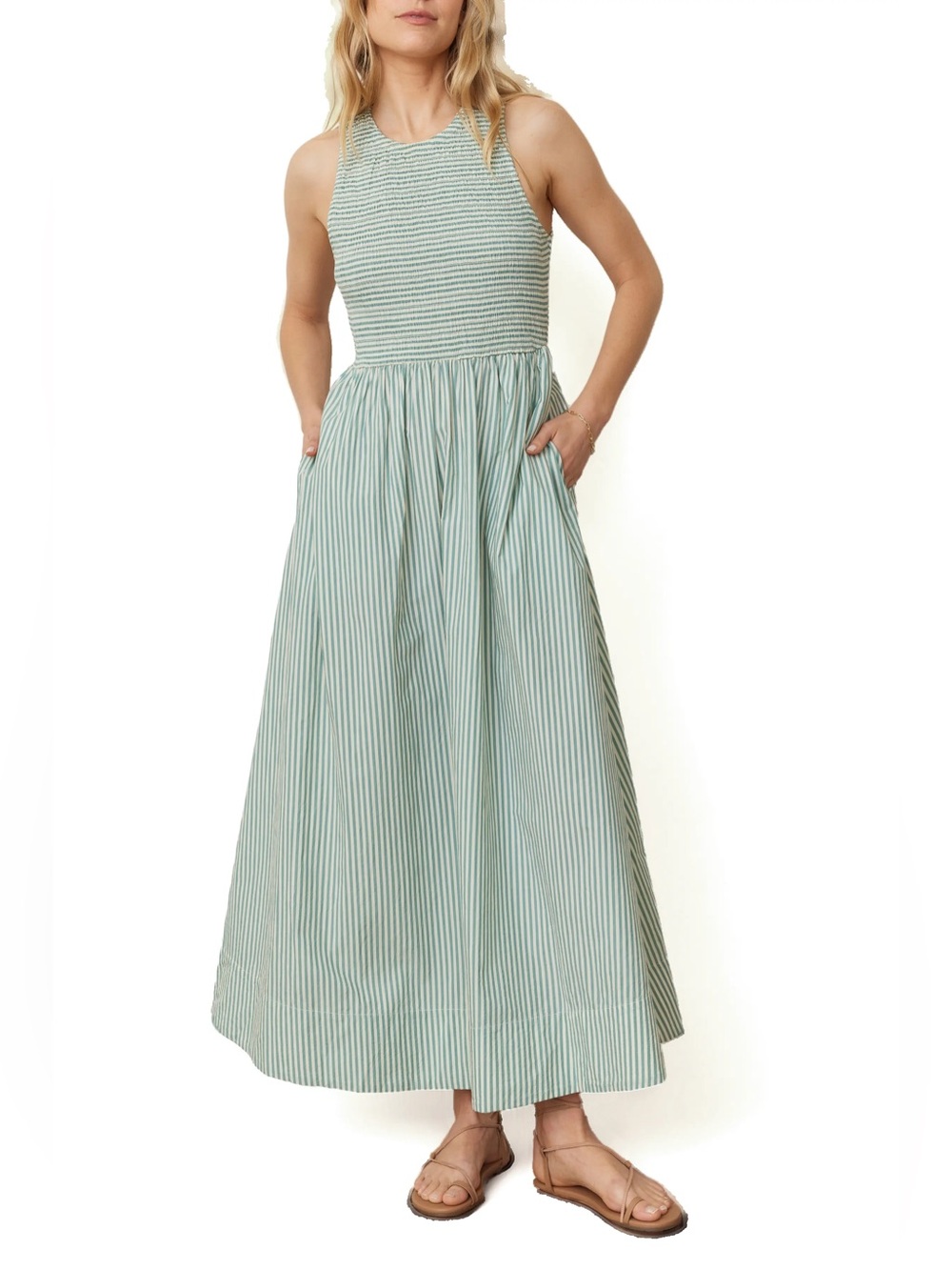 Marine Layer / Nordstrom - Green Stripe Smocked Maxi Dress